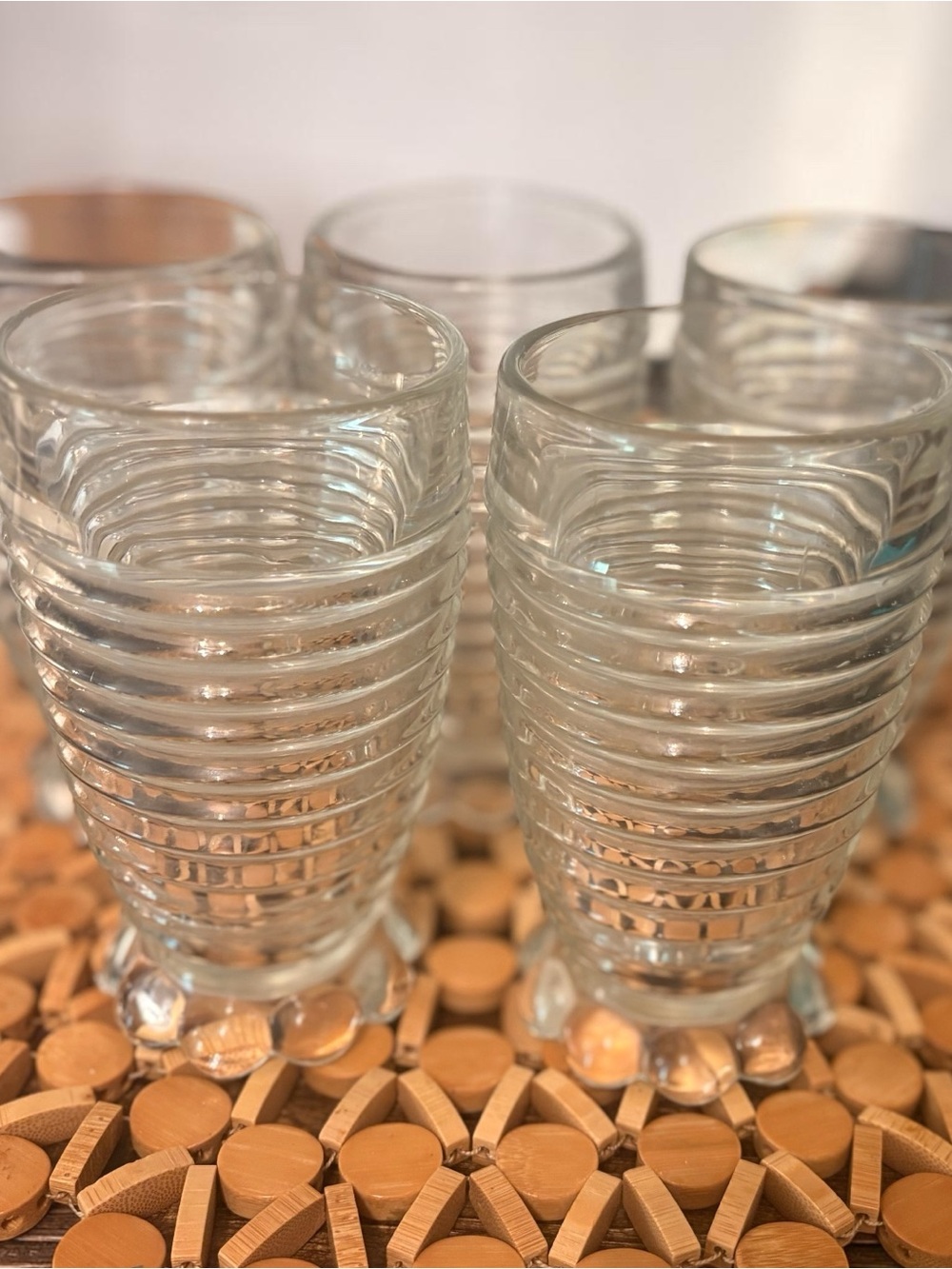 Anchor Hocking Glass MANHATTAN Ribbed Crystal Footed Water Tumbler Set of 5 VTG